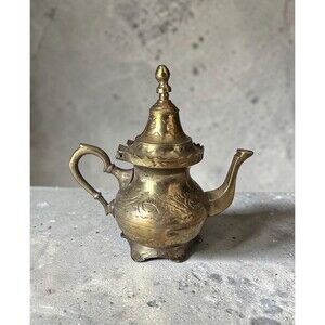 Vintage Moroccan Brass Teapot Hand-Etched Ornate Teatime Decor 6 Inch Pitcher